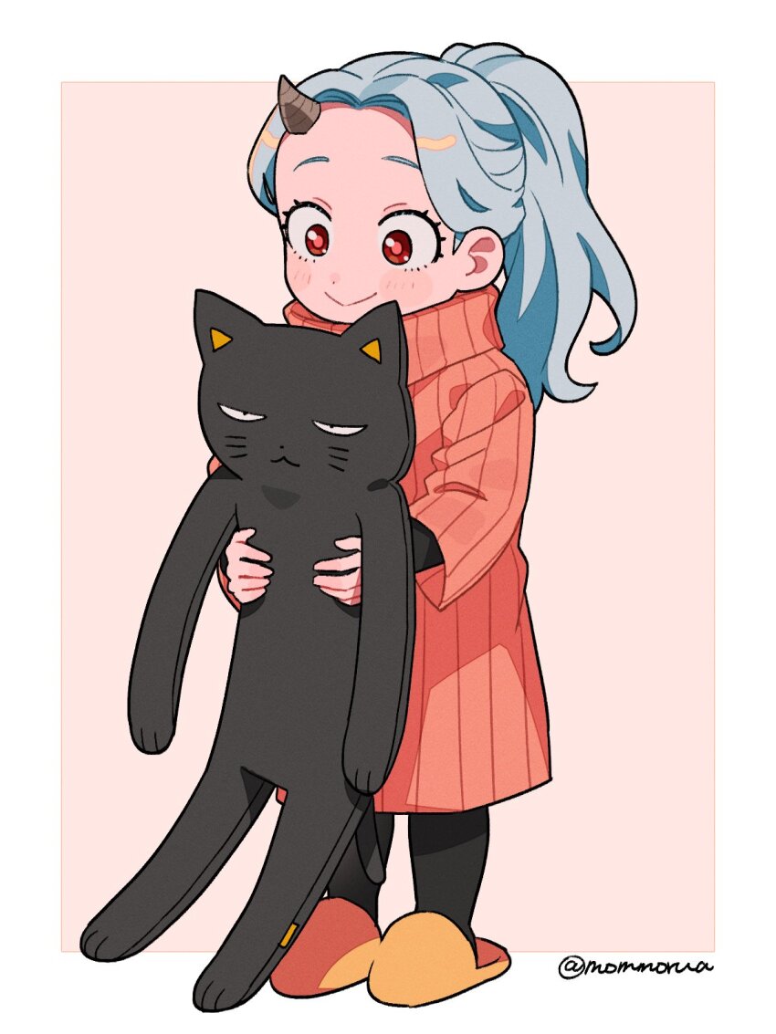 1girl boku_no_hero_academia cat closed_mouth eri_(boku_no_hero_academia) full_body grey_hair highres holding horns long_hair long_sleeves mommorua orange_sweater ponytail red_eyes single_horn slippers smile solo standing sweater