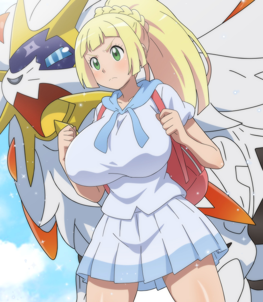 absurdres alternate_breast_size alternate_costume blonde_hair breasts gen_7_pokemon green_eyes highres hitokiwa_kenchin large_breasts legendary_pokemon lillie_(pokemon) miniskirt nintendo pokemon pokemon_(creature) pokemon_sm ponytail skirt solgaleo