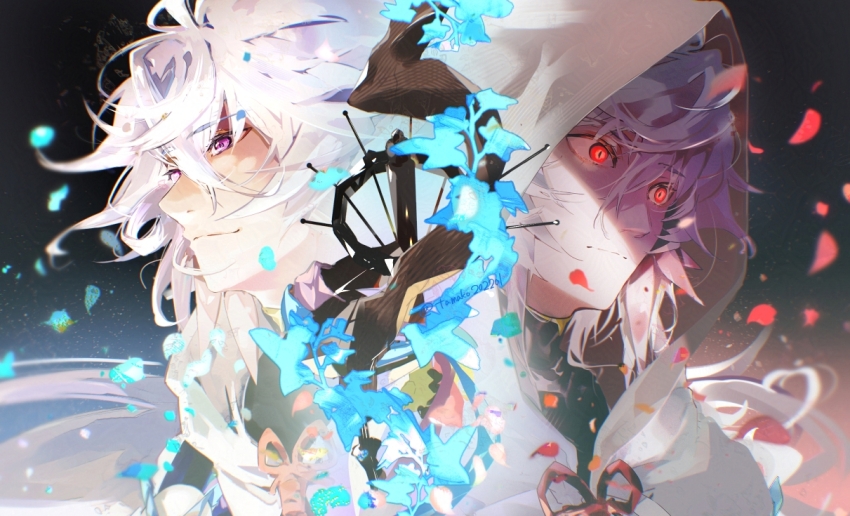2boys dual_persona falling_petals fate/grand_order fate_(series) flower hair_between_eyes hanako_(onikutabetaiyo) hood hood_up hooded_robe long_hair male_focus merlin_(fate) multiple_boys petals purple_eyes red_eyes robe smile staff upper_body white_hair