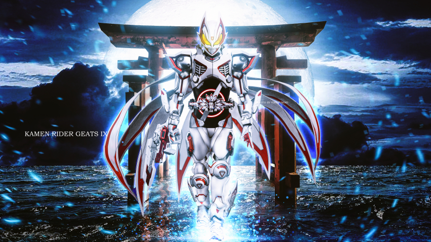 1boy absurdres armor bodysuit boost_mark_ix_buckle cape desire_driver rider_belt fox_mask gate geats_buster_qb9 glowing glowing_eyes gunblade helmet highres holding holding_weapon kamen_rider kamen_rider_geats kamen_rider_geats_(series) kamen_rider_geats_ix light_particles male_focus mask rider_belt rikusumire solo tokusatsu torii weapon yellow_eyes