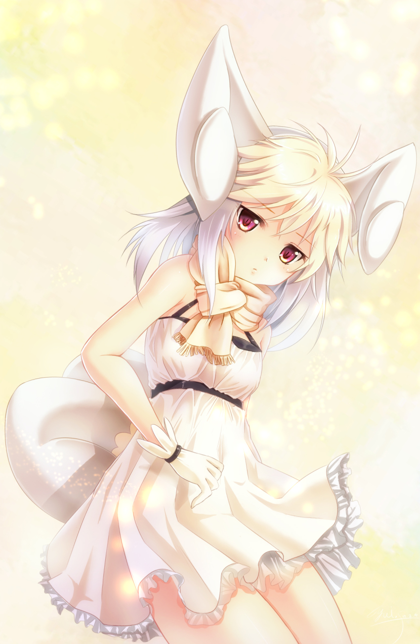 1girl animal_ears blonde_hair dress female_focus gen_6_pokemon gloves highres looking_at_viewer meowstic meowstic_(female) multicolored_hair nintendo personification pink_eyes pokemon scarf solo tail two-tone_hair white_dress white_gloves white_hair yuitsuki1206
