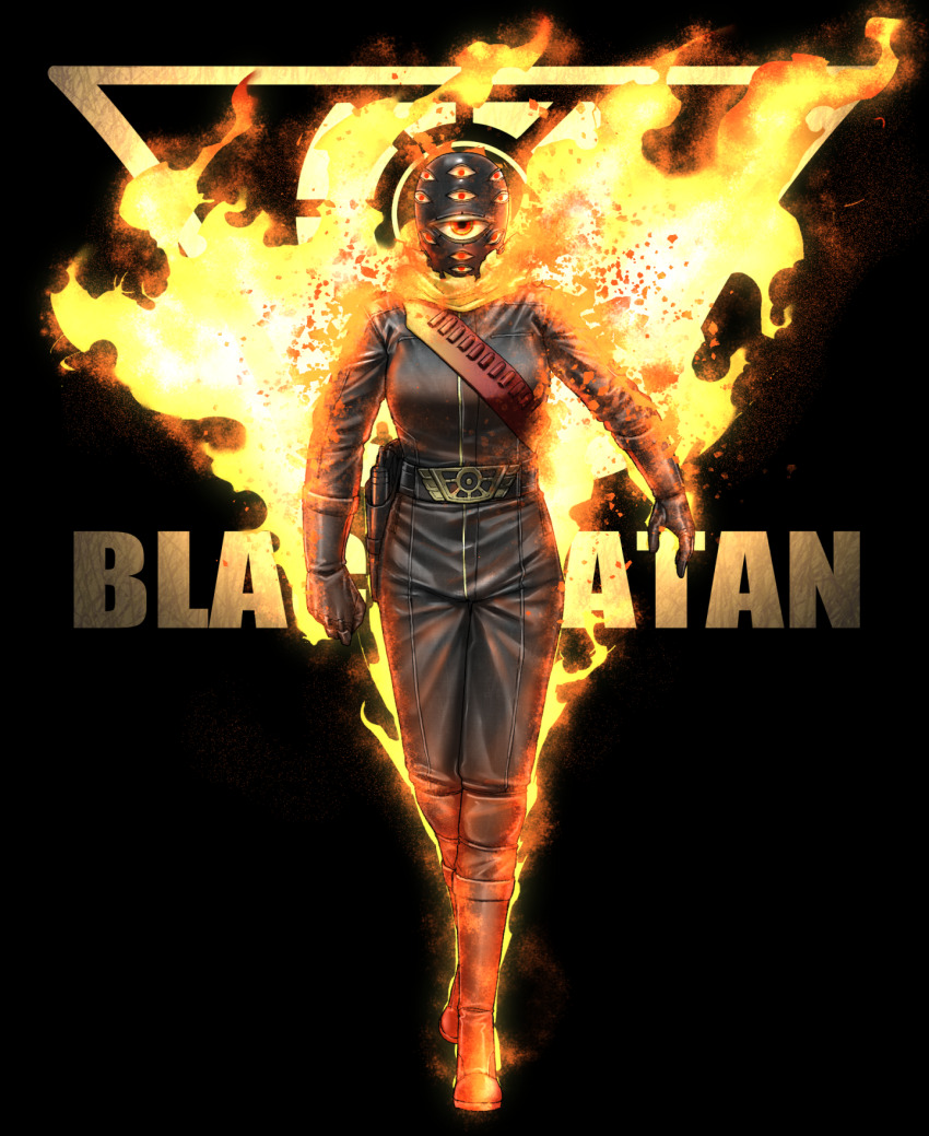 1girl bald bald_girl bandolier belt black_background black_belt black_boots black_gloves black_jacket black_pants black_skin boots burning burning_clothes colored_skin commentary eidenjyou1997 emblem english_commentary extra_eyes fire full_body genderswap genderswap_(mtf) gloves gun handgun highres holster holstered jacket kamen_rider kamen_rider_stronger_(series) knee_boots leather leather_jacket leather_pants looking_at_viewer no_mouth pants red_eyes scarf simple_background solo straight-on titan_(kamen_rider_stronger) walking walking_towards_viewer weapon