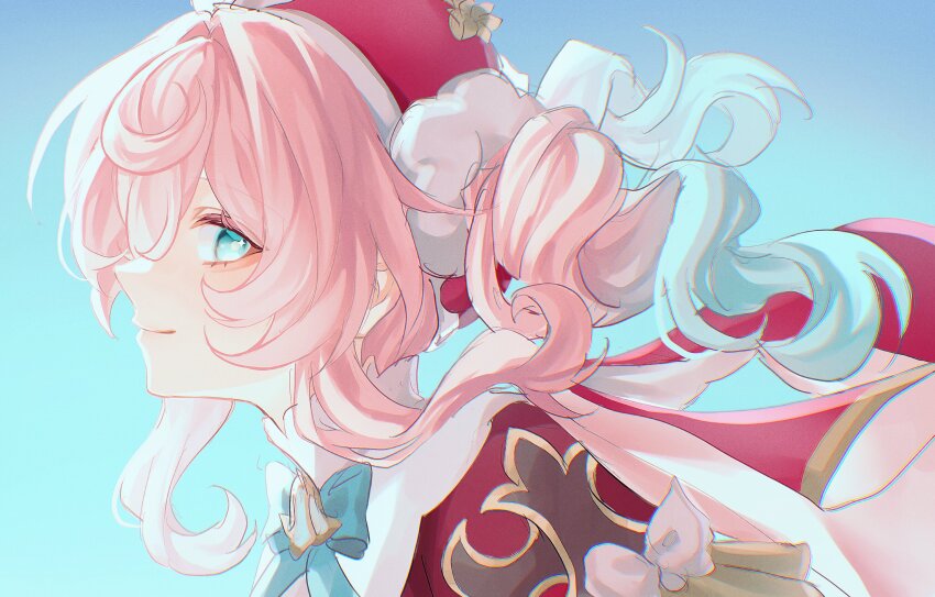 1girl aqua_eyes blue_background blue_bow blue_bowtie bow bowtie capelet commentary_request drill_hair from_side fz7047 gradient_hair green_eyes highres honkai:_star_rail honkai_(series) hyacine_(honkai:_star_rail) looking_at_viewer multicolored_hair pink_hair red_capelet red_hair sidelocks simple_background smile solo twin_drills upper_body