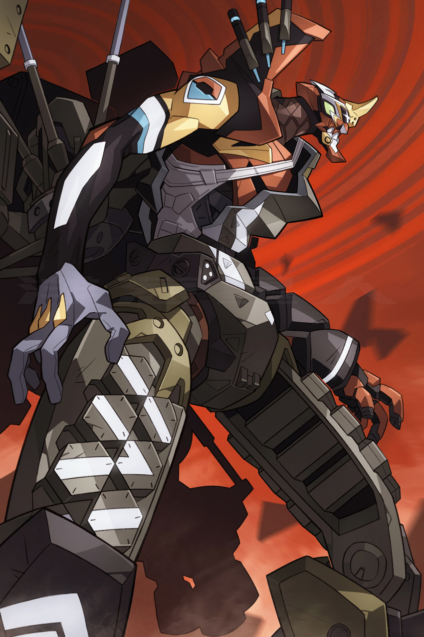 absurdres commentary_request eva_02 eva_02_alpha evangelion:_3.0+1.0_thrice_upon_a_time evangelion_(mecha) feet_out_of_frame from_side highres horns mecha mecha_focus neon_genesis_evangelion no_humans onion_maru rebuild_of_evangelion robot science_fiction single_horn solo standing super_robot watermark