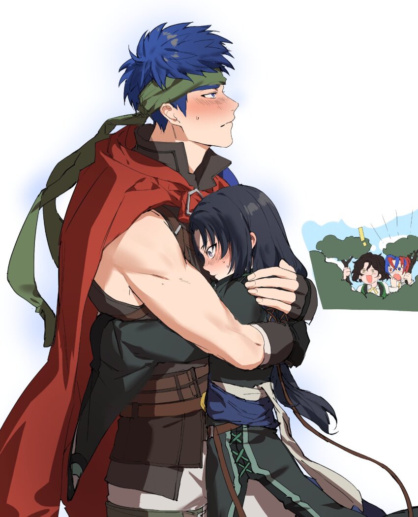 ! 4boys :o male_alear_(fire_emblem) black_hair blue_eyes blue_hair blush brown_hair bush cape fire_emblem fire_emblem:_radiant_dawn fire_emblem_engage green_headband headband height_difference heterochromia highres hug ike_(emblem)_(fire_emblem) ike_(fire_emblem) long_hair louis_(fire_emblem) male_focus multicolored_hair multiple_boys nintendo peeking red_cape red_eyes red_hair short_hair soren_(emblem)_(fire_emblem) soren_(fire_emblem) split-color_hair tzar_game white_background yaoi