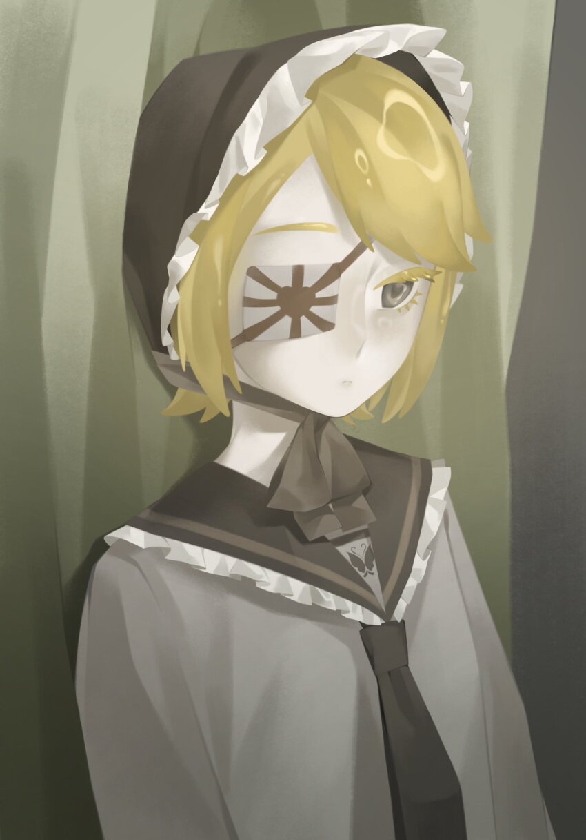 1girl alternate_eye_color black_bonnet black_necktie black_sailor_collar blonde_hair bonnet chin_strap closed_mouth curtains expressionless eyepatch frilled_bonnet frilled_sailor_collar frills grey_eyes grey_shirt highres kagamine_rin kagamine_rin_(ni_no_sakura_kouchou) looking_ahead moonmart necktie print_eyepatch rising_sun_flag sailor_collar senbonzakura_(vocaloid) shirt short_hair solo sunburst upper_body vocaloid