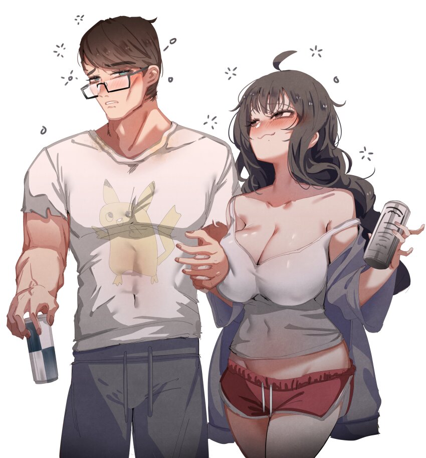 1boy 1girl absurdres ahoge at2. black_hair blue_eyes borrowed_character breasts brown_eyes brown_hair can cleavage cowboy_shot dolphin_shorts drink_can energy_drink gen_1_pokemon glasses grey_jacket grey_pants hetero highres holding holding_another&#039;s_arm holding_can jacket large_breasts looking_at_viewer merryweather messy_hair muscular muscular_male nintendo off_shoulder original pants pikachu pokemon rectangular_eyewear red_bull red_shorts see-through_clothes see-through_shirt semi-rimless_eyewear shirt short_shorts shorts simple_background squeans strap_slip t-shirt tank_top thighs torn_clothes torn_shirt under-rim_eyewear white_background white_shirt white_tank_top