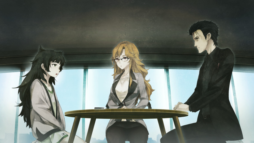 1boy 2girls beard_stubble belt belt_buckle black_cardigan black_hair black_jacket black_pants black_pantyhose black_shirt blonde_hair blouse blunt_bangs breast_pocket breasts buckle cardigan chair closed_mouth clothing_request collar collarbone collared_shirt dress expressionless facial_hair flat_chest game_cg glasses green_collar green_dress green_eyes green_hair green_trim grey_jacket hair_between_eyes hands_on_table high_heels highres hiyajou_maho huke indoors jacket jacket_over_dress jitome kiryuu_moeka lapels large_breasts long_hair long_sleeves looking_at_another messy_hair miniskirt multiple_girls non-web_source notched_lapels object_in_pocket office_lady official_art okabe_rintarou okabe_rintarou_(beta) on_chair open_mouth pants pantyhose pen_in_pocket pink_eyes pocket ringed_eyes serious shirt shoes short_hair sideburns_stubble sitting skirt steins;gate steins;gate_0 stubble table thick_eyebrows thick_thighs thighs very_long_hair white_shirt white_shoes window yellow_eyes
