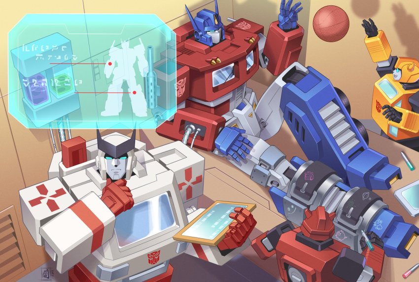 4boys autobot ball basketball basketball_(object) blue_eyes bumblebee cable cliffjumper highres holding holding_pen horns lantana0_0 mecha multiple_boys no_humans open_hand optimus_prime pen ratchet_(transformers) robot science_fiction shadow sitting smile thinking transformers v-fin