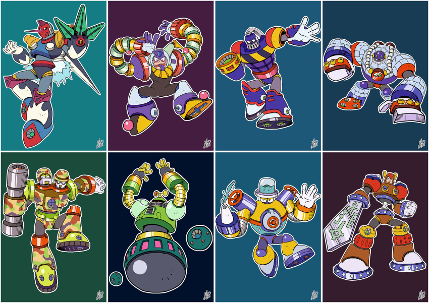 6+boys aqua_man_(mega_man) arm_cannon astro_man capcom clown clown_boy clown_man frost_man full_body grenade_man highres jester jester_boy looking_at_viewer mask mega_man_(classic) mega_man_(series) mega_man_8 multiple_boys no_humans no_mouth non-humanoid_robot robot search_man sword sword_man tengu_man two_heads water weapon