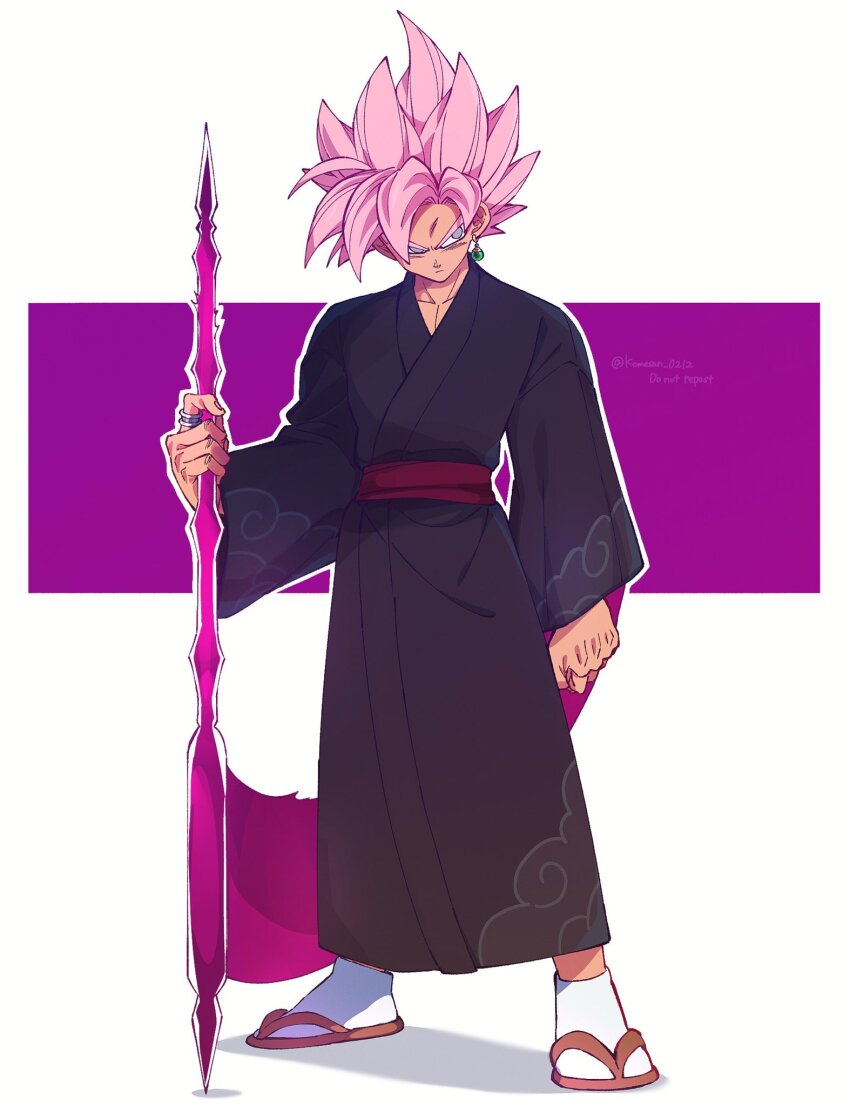 1boy black_kimono dragon_ball dragon_ball_super earrings energy_blade full_body goku_black grey_eyes highres holding holding_scythe japanese_clothes jewelry kimono komesan_0212 male_focus medium_hair pink_hair potara_earrings sandals scythe simple_background single_earring socks solo spiked_hair super_saiyan super_saiyan_rose white_background white_socks