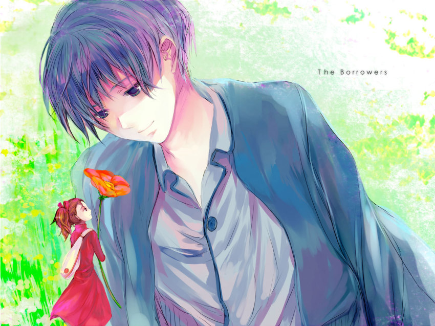 10s 1boy 1girl arrietty flower hiro_(harucoon) karigurashi_no_arrietty mini_person minigirl shou_(karigurashi_no_arrietty) size_difference smile snowcoon studio_ghibli