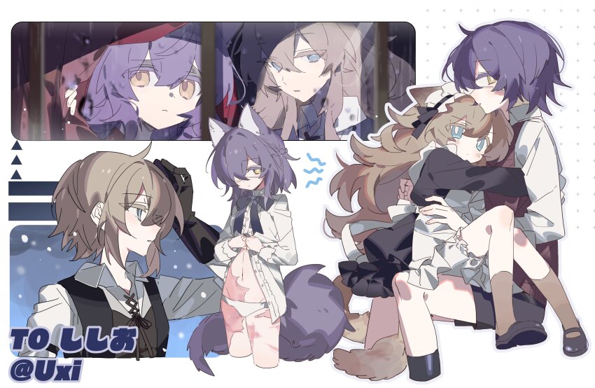 2girls absurdres animal_ears apron asphyxia17 black_bow black_bowtie black_dress black_footwear black_gloves black_vest blood blood_on_face blue_eyes bow bowtie brown_hair child closed_mouth clothes_lift collared_shirt cropped_legs dress elpis_(sisio_kun) frills gabriel_(sisio_kun) genderswap gloves hairband highres hug leaning_on_person long_hair long_sleeves looking_at_viewer maid maid_headdress multiple_girls multiple_views navel original panties profile purple_hair rain role_reversal scar scar_on_face scar_on_leg shirt shoes short_hair sitting socks tail twitter_username underwear vest white_apron white_panties white_shirt wolf_ears wolf_tail yellow_eyes