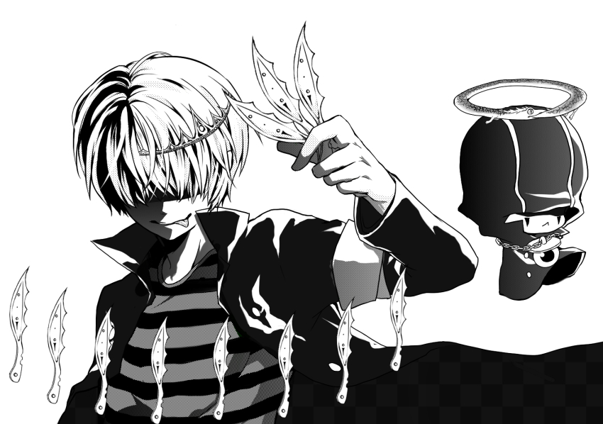 belphegor_(reborn) furikake_(appuntament) greyscale hair_over_eyes katekyo_hitman_reborn! male_focus mammon_(reborn) monochrome multiple_boys shirt short_hair smile striped_clothes striped_shirt tiara