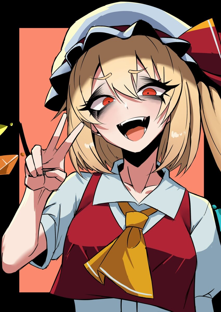 1girl ascot blonde_hair bow crystal flandre_scarlet hat highres looking_at_viewer mob_cap nagainegi open_mouth puffy_short_sleeves puffy_sleeves red_eyes ribbon shirt short_hair short_sleeves side_ponytail smile solo touhou vest wings