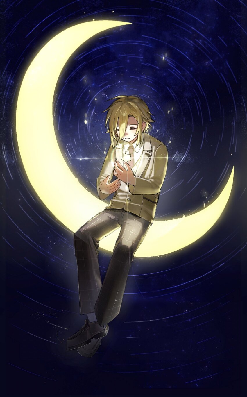 1boy black_pants black_shoes blonde_hair closed_eyes closed_mouth collared_shirt crescent_moon full_body grey_jacket hair_between_eyes highres jacket male_focus moon necktie ni_22 nijisanji pants red_necktie shirt shoes sitting solo star_(sky) star_(symbol) uzuki_kou uzuki_kou_(3rd_costume) virtual_youtuber white_shirt