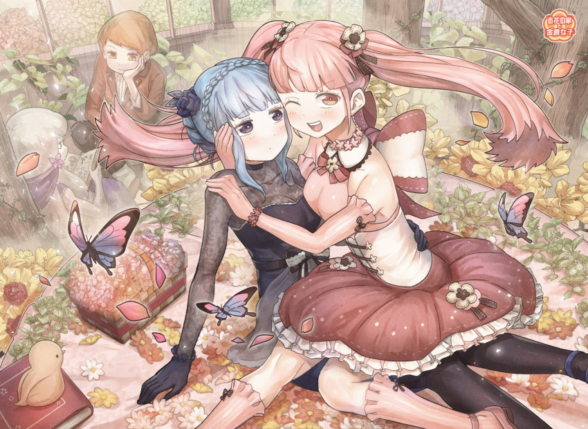 4girls alternate_costume bird black_pantyhose blue_hair book braid breasts bug butterfly cleavage closed_mouth commentary_request crown_braid dress female_focus fire_emblem fire_emblem:_three_houses flower highres hilda_valentine_goneril holding holding_book insect korokoro_daigorou leonie_pinelli long_hair long_sleeves lysithea_von_ordelia marianne_von_edmund matching_hair/eyes medium_breasts multiple_girls nintendo one_eye_closed open_book open_mouth orange_eyes orange_hair pantyhose petals pink_eyes pink_hair short_hair sitting tree twintails white_hair wink yuri