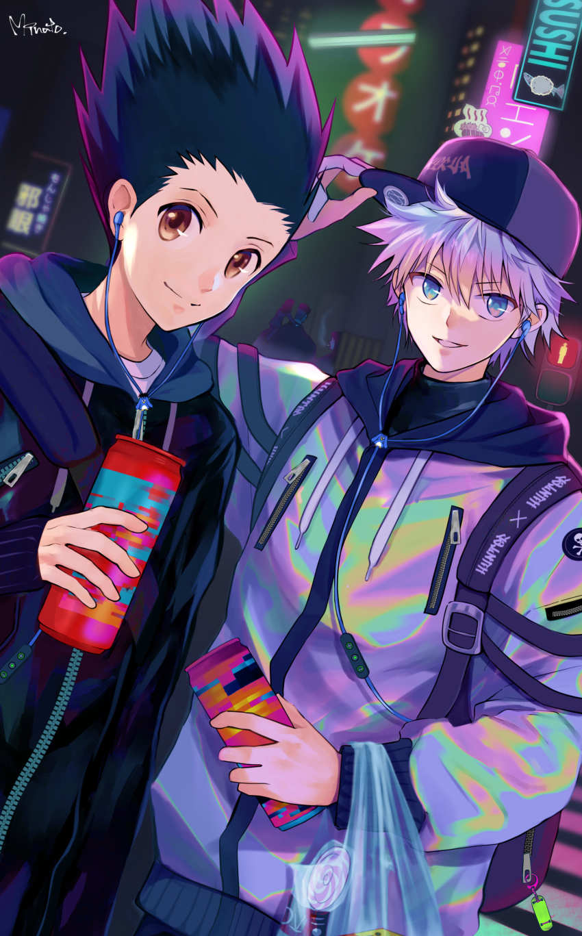 absurdres blue_eyes brown_eyes can food gon_freecss headphones highres holding holding_can hunter_x_hunter killua_zoldyck minato_x3710 short_hair smoking spiked_hair traffic_light