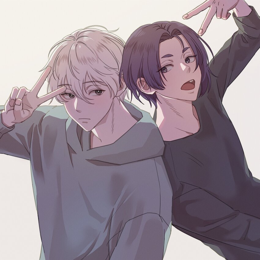 2boys 99reung absurdres arm_up black_shirt blue_lock closed_mouth commentary crew_neck curtained_hair fingernails frown grey_eyes grey_hoodie hair_between_eyes hashtag-only_commentary highres hood hood_down hoodie long_sleeves looking_at_another looking_to_the_side male_focus mikage_reo multiple_boys nagi_seishirou open_mouth parted_bangs parted_hair purple_hair shirt sideways_glance simple_background t-shirt teeth tongue upper_body upper_teeth_only v v_over_head white_background white_hair