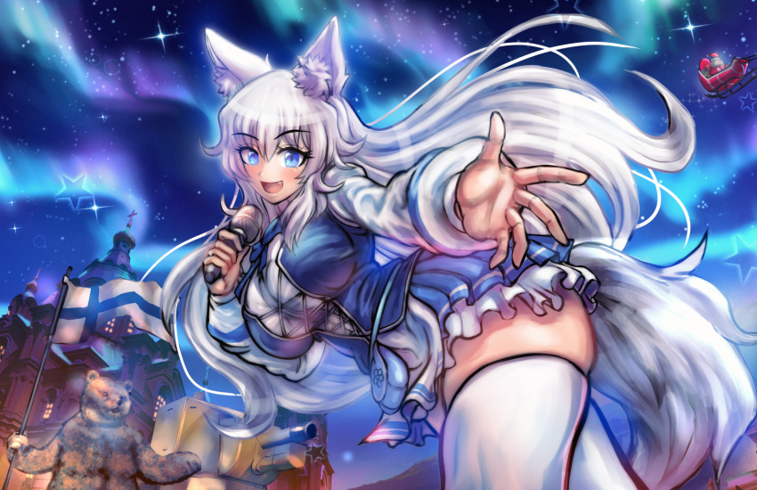 1girl :d animal_ears aurora bear blue_eyes bt-42 building castle fang finnish_flag flag hair_between_eyes highres holding holding_flag holding_microphone indie_virtual_youtuber long_hair long_sleeves looking_at_viewer lumi_(merryweather) microphone military military_vehicle minster_(dooke) motor_vehicle music night night_sky open_mouth outstretched_hand santa_claus singing skirt sky smile star_(sky) star_(symbol) starry_sky tank thighhighs virtual_youtuber white_hair wolf_ears wolf_girl