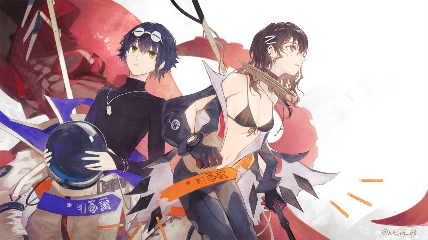 1boy 1girl bikini black_bikini black_hair bow breasts brown_eyes chinese_commentary diving_suit dog_tags ear_piercing eyewear_on_head front-tie_bikini_top front-tie_top girls&#039;_frontline girls&#039;_frontline_neural_cloud green_eyes hair_bow hatsuchiri_(neural_cloud) hei_chuan_gui helmet highres holding holding_helmet holding_polearm holding_weapon jewelry key key_necklace medium_hair mole mole_on_breast mole_under_eye multiple_hair_bows navel necklace parted_lips piercing polearm ring short_hair simple_background sueyoi_(neural_cloud) swimsuit tentacles twitter_username weapon