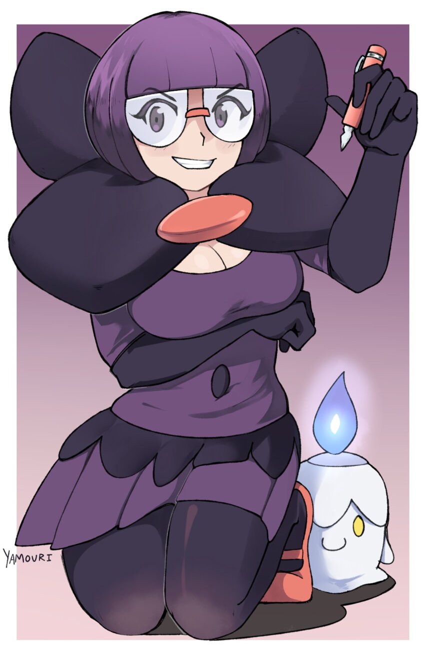 1girl arm_under_breasts blue_fire breasts cleavage dress fire full_body gen_5_pokemon glasses highres holding holding_pen kneeling litwick nintendo pen pokemon pokemon_bw purple_dress purple_eyes purple_hair red_footwear shauntal_(pokemon) signature solid_oval_eyes teeth yamouri