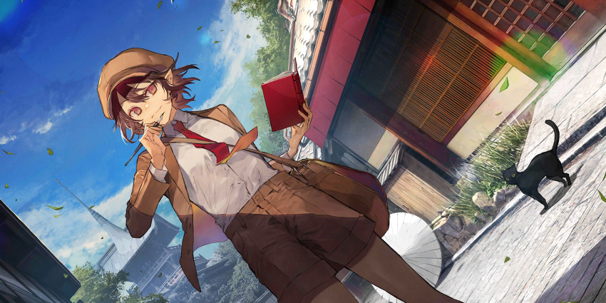 1girl animal bag black_cat blue_sky book brown_bag brown_eyes brown_hair brown_hat brown_jacket brown_shorts building cabbie_hat cat closed_mouth collared_shirt commentary day dress_shirt dutch_angle english_commentary falling_leaves game_cg hair_between_eyes hat highres holding holding_book holding_pen jacket leaf lens_flare long_sleeves necktie nib_pen_(object) no_wings nozaki_tsubata official_art oil-paper_umbrella open_book open_clothes open_jacket outdoors pen pointy_ears red_necktie shameimaru_aya shameimaru_aya_(newsboy) shirt short_hair short_shorts shorts shoulder_bag sky smile solo standing sunlight third-party_source touhou touhou_lostword umbrella white_shirt white_umbrella