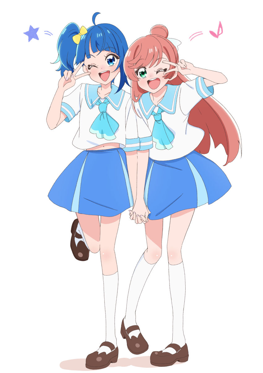 2girls ;d absurdres akizora_(aki_precure) black_footwear blouse blue_eyes blue_hair blue_neckerchief blue_skirt collared_shirt commentary_request cut_bangs eighth_note hair_bun hair_ribbon highres hirogaru_sky!_precure holding_hands interlocked_fingers leg_up long_hair mary_janes medium_hair midriff_peek miniskirt multiple_girls musical_note navel neckerchief nijigaoka_mashiro one_eye_closed open_mouth partial_commentary pleated_skirt precure ribbon school_uniform shirt shoes short_sleeves side-by-side side_ponytail single_hair_bun single_sidelock skirt smile socks sora_harewataru sorashido_academy_school_uniform standing standing_on_one_leg star_(symbol) summer_uniform v v_over_eye white_shirt white_socks yellow_ribbon