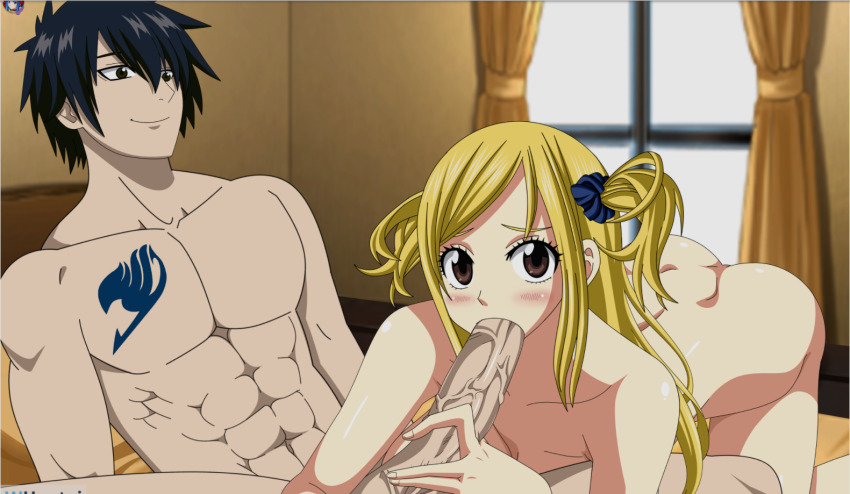 1boy 1girl ass blonde_hair blush brown_eyes fairy_tail fellatio gray_fullbuster long_hair lucy_heartfilia nude oral penis