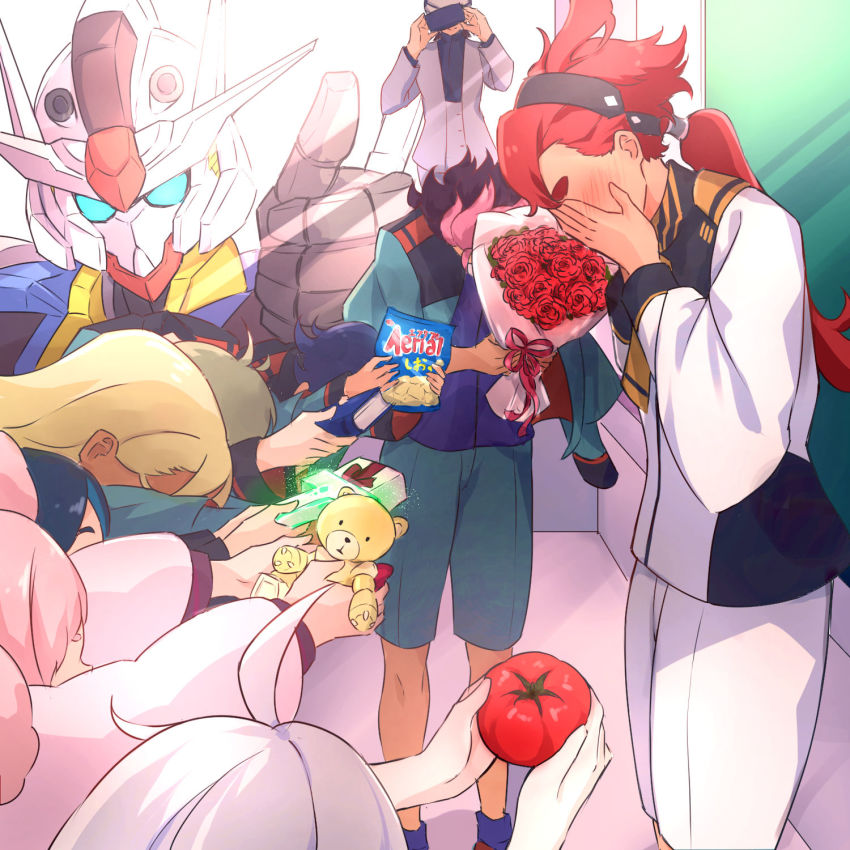 4boys 5girls aerial_(food) afro_puffs ahoge beargguy_iii black_hairband blonde_hair blue_hair blush book bouquet box cellphone chips_(food) chuatury_panlunch dark_blue_hair double_bun elan_ceres elnora_samaya embarrassed flower food gift gift_box glowing green_shorts grey_hair guel_jeturk gundam gundam_aerial gundam_suisei_no_majo hair_bun hairband hands_on_own_face harem helmet highres holding holding_bouquet holding_gift holding_phone lauda_neill long_hair low_ponytail mecha meme miorine_rembran mixed_harem mobile_suit mother_and_daughter multicolored_hair multiple_boys multiple_girls name_connection nika_nanaura petals phone pink_hair ponytail presenting prospera_mercury psycho_frame red_flower red_hair red_ribbon red_rose ribbon robot rose school_uniform shaddiq_zennelli shiraiwa_usagi short_hair shorts smartphone smile suletta_mercury taking_picture thick_eyebrows thumbs_up tomato upper_body v-fin valentine vegetable