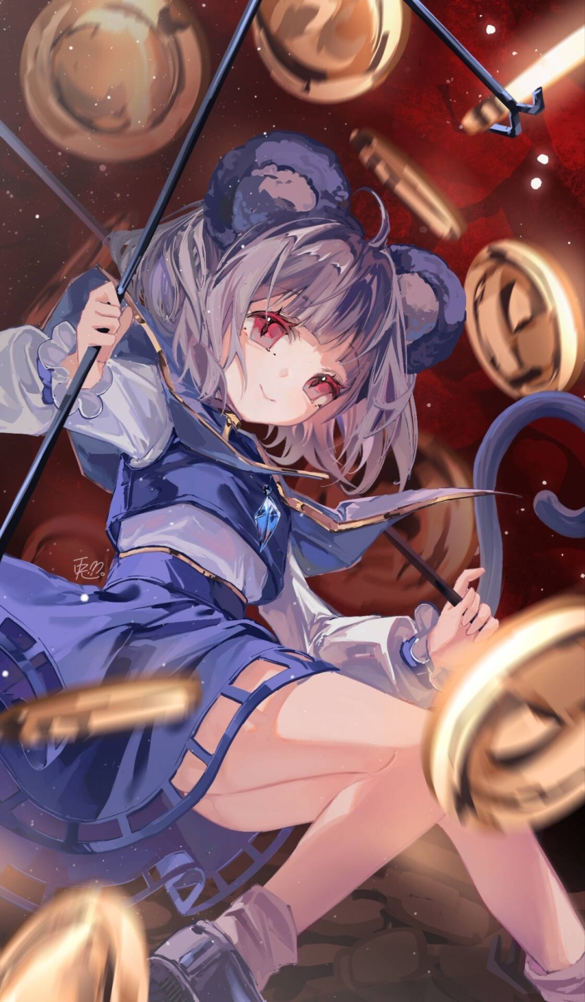 1girl animal_ears black_capelet black_shoes black_skirt black_vest capelet chinese_commentary closed_mouth coin commentary_request dowsing_rod grey_hair highres jewelry long_sleeves looking_at_viewer mouse_ears mouse_girl mouse_tail nazrin pendant red_eyes ringo_no_usagi shirt shoes short_hair skirt smile socks solo tail touhou vest white_shirt white_socks