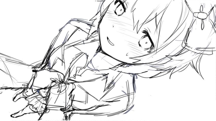 1boy 1girl adjusting_another&#039;s_clothes arms_at_sides blazer blush bow breasts collarbone collared_shirt commentary doki_doki_literature_club doki_doki_literature_club doki_doki_literature_club_school_uniform dot_nose double-parted_bangs dress_shirt dutch_angle embarrassed english_commentary flustered foreshortening from_above full_body furrowed_brow game_cg greyscale grin hair_bow half-closed_eyes highres jacket kneehighs long_eyelashes long_sleeves looking_at_another looking_at_viewer medium_breasts miniskirt monochrome neck_ribbon nervous nervous_smile non-web_source nose_blush official_art own_hands_together pleated_skirt pov pov_hands production_art protagonist_(doki_doki_literature_club) raised_inner_eyebrows ribbon satchely sayori_(doki_doki_literature_club) school_uniform shirt short_hair sidelocks simple_background sketch skirt small_sweatdrop smile socks solo_focus standing sweater_vest thick_eyelashes unfinished wavy_hair white_background wing_collar