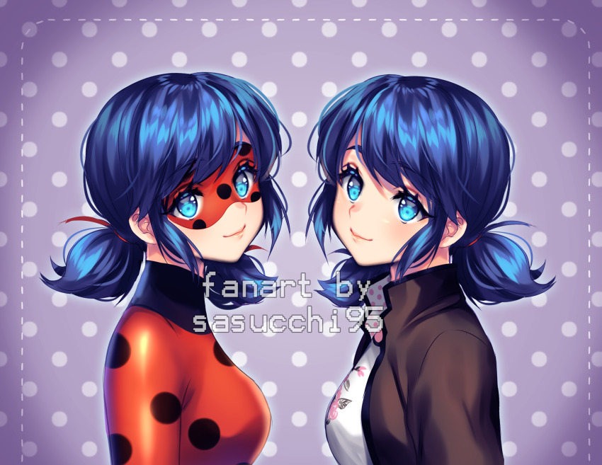 2girls arms_at_sides artist_name aura black_jacket blue_eyes blue_hair bodysuit breasts closed_mouth commentary dual_persona english_commentary eye_mask highres jacket ladybug_(character) looking_at_viewer low_twintails marinette_dupain-cheng medium_breasts medium_hair miraculous_ladybug multiple_girls open_clothes open_jacket patterned_clothing polka_dot polka_dot_background purple_background red_bodysuit red_mask sasucchi95 shirt simple_background smile superhero_costume twintails upper_body vignetting watermark white_shirt