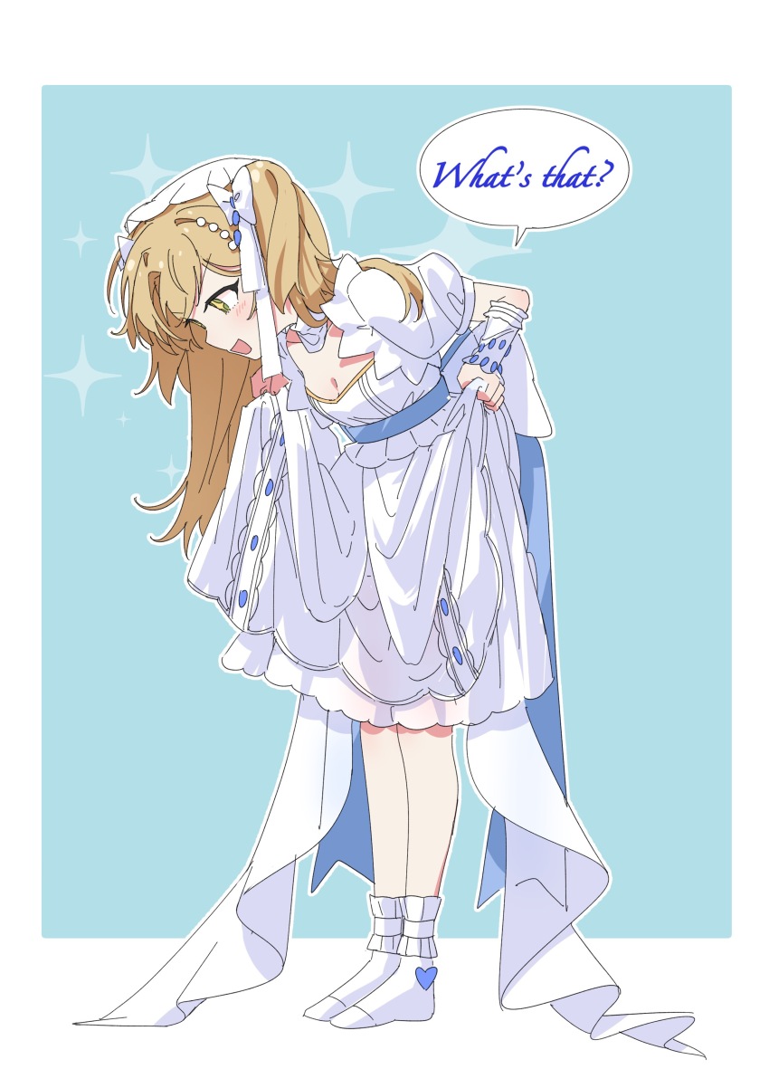 +_+ 1girl :d absurdres ankle_socks blonde_hair blue_background border bow breasts cleavage dress english_text from_side full_body green_eyes hair_bow highres leaning_forward no_shoes open_mouth outside_border puffy_short_sleeves puffy_sleeves reverse:1999 sanjuqing&#039;an short_sleeves skirt_hold smile socks solo sotheby sparkle speech_bubble standing twintails white_border white_bow white_dress white_socks wrist_cuffs