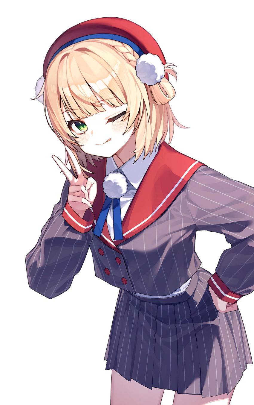1girl absurdres blonde_hair green_eyes grey_jacket grey_skirt hat highres indie_virtual_youtuber jacket looking_at_viewer red_hat red_sailor_collar sailor_collar shigure_ui_(vtuber) shigure_ui_(vtuber)_(1st_costume) shirt simple_background skirt solo thighs virtual_youtuber white_background white_shirt yioro