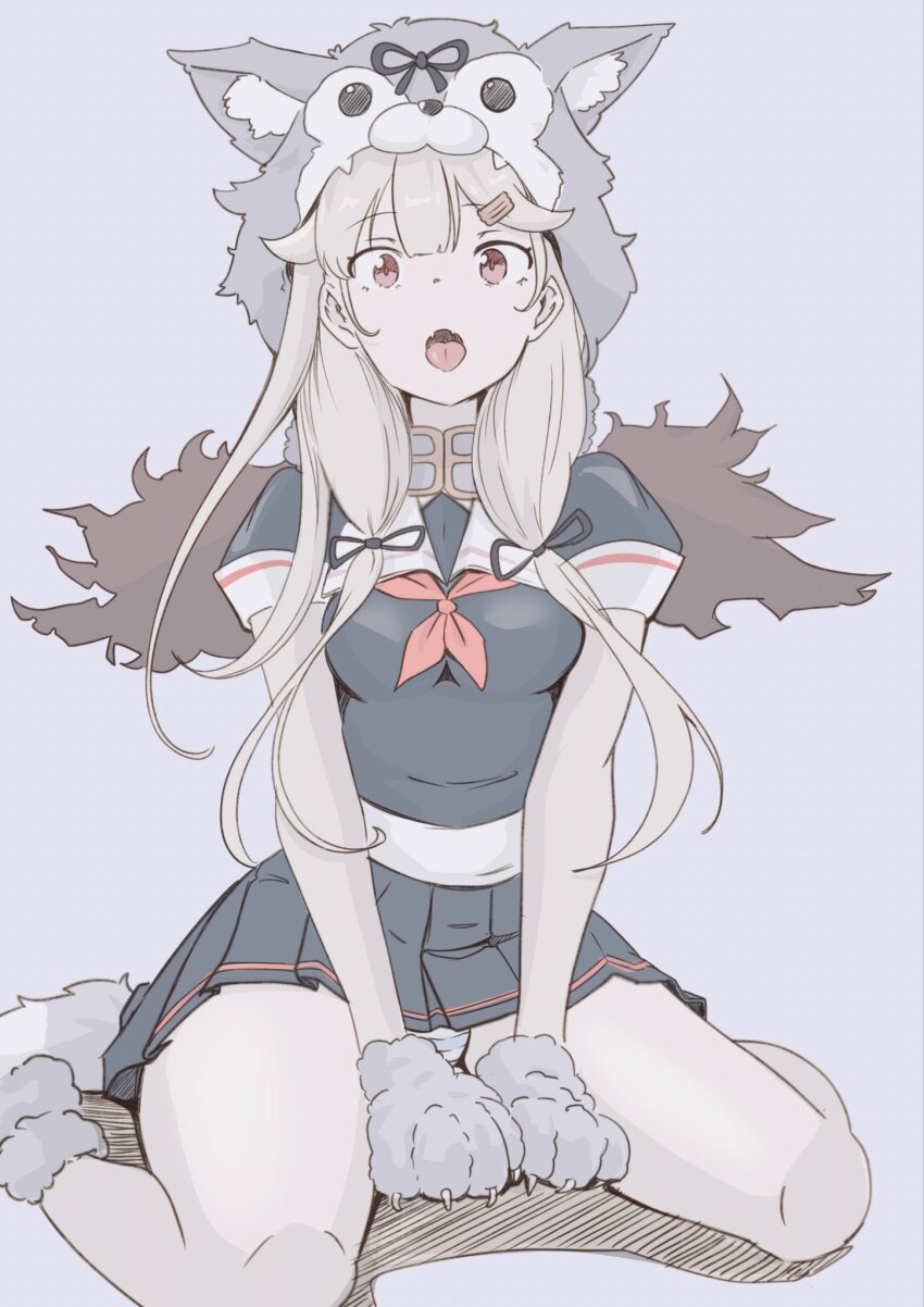 1girl animal_hands black_ribbon black_serafuku black_shirt black_skirt chakoru gloves hair_flaps halloween_costume highres kantai_collection long_hair neckerchief paw_gloves paw_shoes pleated_skirt red_eyes red_neckerchief ribbon sailor_collar sailor_shirt school_uniform serafuku shirt skirt solo tail white_sailor_collar wolf_hood wolf_paws wolf_tail yuudachi_(halloween)_(kancolle) yuudachi_(kancolle) yuudachi_kai_ni_(kancolle)