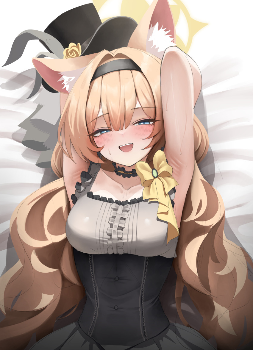 1girl absurdres animal_ear_fluff animal_ears armpits arms_behind_head black_headband blue_archive blue_eyes blush breasts cat_ears collarbone flower fluffy_hair grey_feathers half-closed_eyes halo hat hat_flower headband highres idol idol_clothes long_hair low_twintails mari_(blue_archive) mari_(idol)_(blue_archive) medium_breasts momoriko official_alternate_costume on_bed orange_hair seductive_smile smile solo sweat top_hat twintails yellow_flower yellow_halo