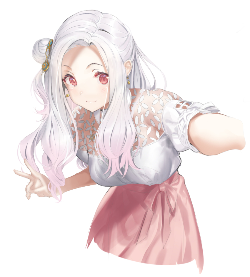 1girl blouse blush breasts closed_mouth commentary_request cropped_legs earrings gold_earrings gradient_hair hair_bun hair_ornament hakuchuumu_no_aojashin highres jewelry leaning_forward long_hair looking_at_viewer momonouchi_sumomo multicolored_hair official_art outstretched_arm parted_bangs pink_skirt red_eyes selfie shimofuri shirt short_sleeves simple_background single_side_bun skirt smile solo v white_background white_shirt