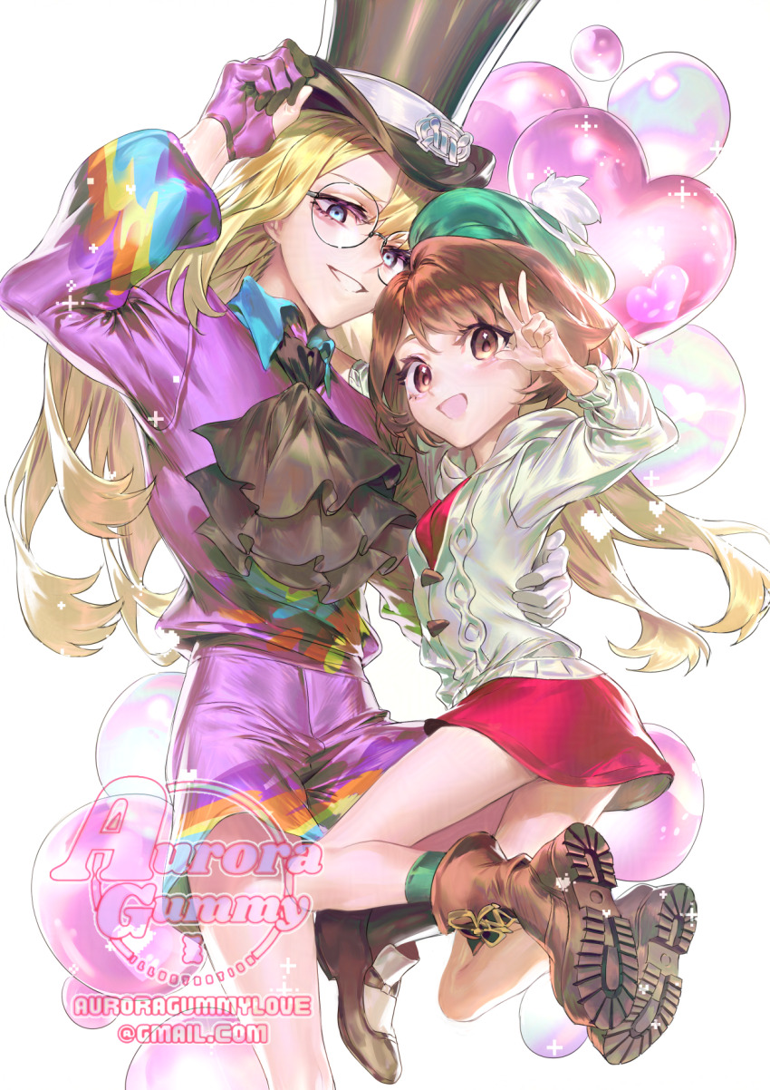 1boy 1girl :d artist_name ascot auroragummy avery_(pokemon) blonde_hair blue_eyes boots brown_boots brown_eyes brown_hair cardigan commentary_request dress email_address glasses gloria_(pokemon) gloves green_hat green_socks grin hand_up hat highres hood hood_down hooded_cardigan korean_commentary long_hair nintendo open_mouth pokemon pokemon_swsh purple_shirt purple_shorts round_eyewear shirt shorts smile socks tam_o&#039;_shanter teeth top_hat w watermark