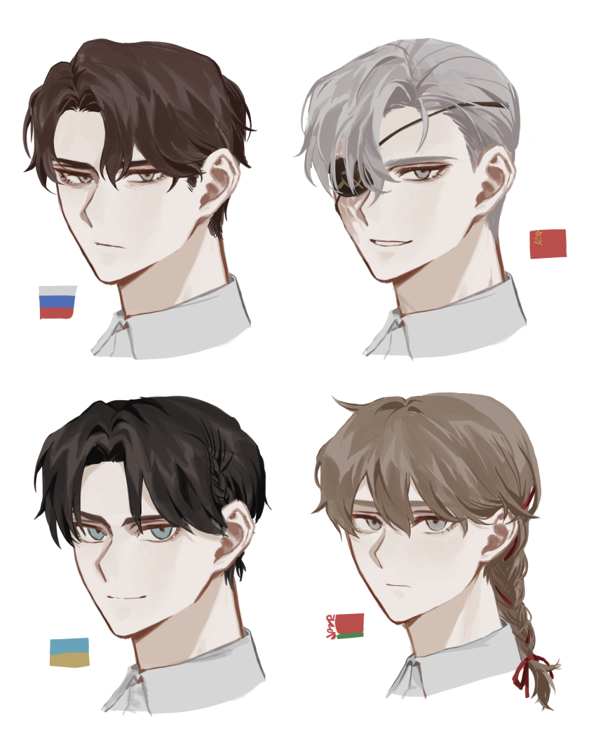 4boys belarus_(saboten92) black_hair blue_eyes braid brown_hair closed_mouth collared_shirt eyepatch green_eyes grey_eyes grey_hair highres long_hair looking_at_viewer multiple_boys original personification portrait russia_(saboten92) saboten92 shirt simple_background smile soviet_union_(saboten92) ukraine_(saboten92) white_background white_shirt
