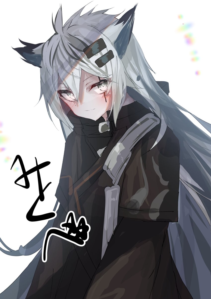 1girl absurdres animal_ears arknights black_jacket blush grey_eyes grey_hair hair_ornament hairclip highres jacket kamiya_mitobe lappland_(arknights) long_hair long_sleeves scar scar_across_eye scar_on_face signature solo upper_body wolf_ears wolf_girl