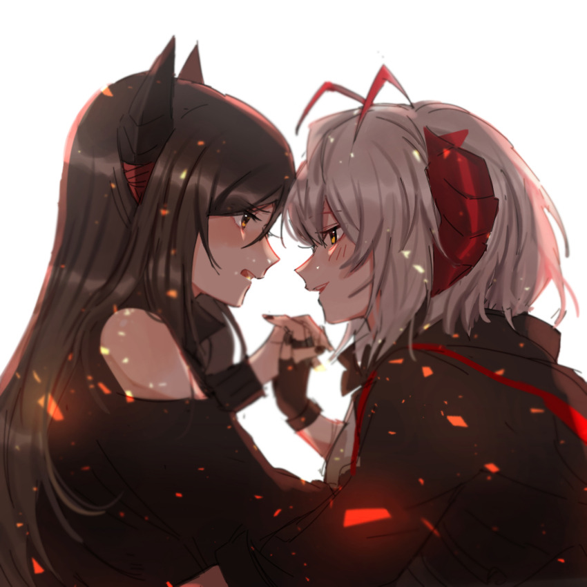 2girls antenna_hair arknights bare_shoulders black_gloves black_hair black_jacket blush chinese_commentary clothing_cutout commentary_request demon_horns eye_contact face-to-face fingerless_gloves gloves hair_between_eyes highres holding_hands hood hood_down hooded_jacket horns ines_(arknights) interlocked_fingers jacket kotori_(b-i-r-d) long_hair looking_at_another multiple_girls open_mouth profile short_hair shoulder_cutout simple_background smile sparks upper_body w_(arknights) white_background white_hair yellow_eyes yuri