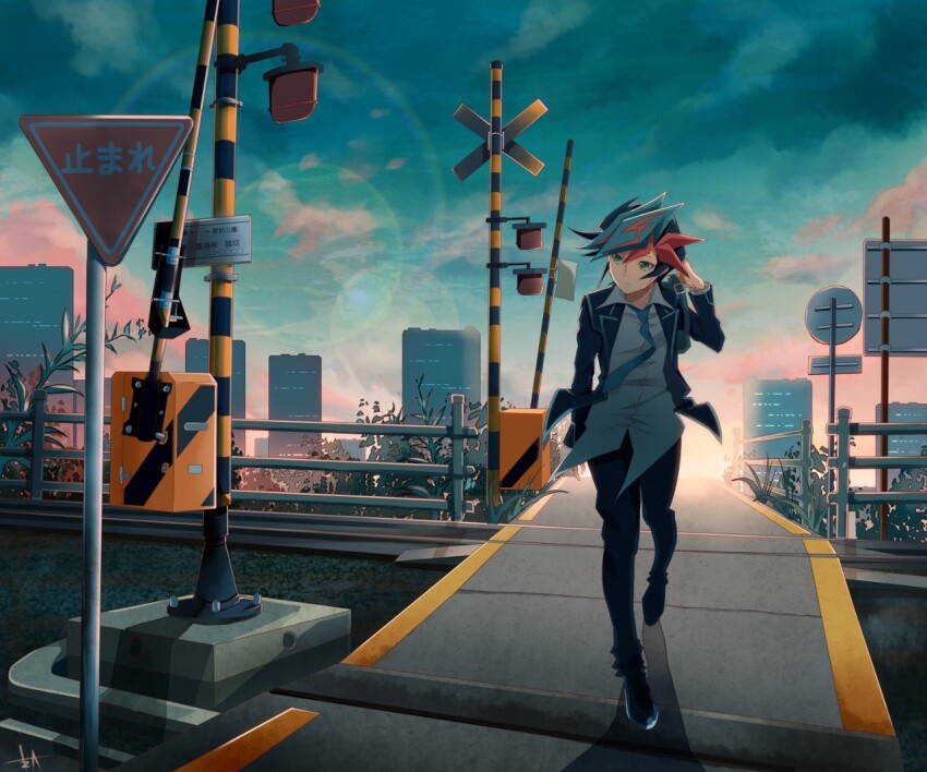 1boy adjusting_hair akisaki apartment bag black_footwear black_hair black_jacket black_pants blue_necktie building cloud cloudy_sky colored_bangs dappled_sunlight dress_shirt duffel_bag evening facing_viewer fujiki_yusaku grass gravel green_eyes hand_up jacket looking_to_the_side male_focus multicolored_hair necktie open_clothes open_jacket outdoors pants plant railing railroad_crossing railroad_tracks road_sign shirt sign sky skyline sunlight walking white_shirt yu-gi-oh! yu-gi-oh!_vrains