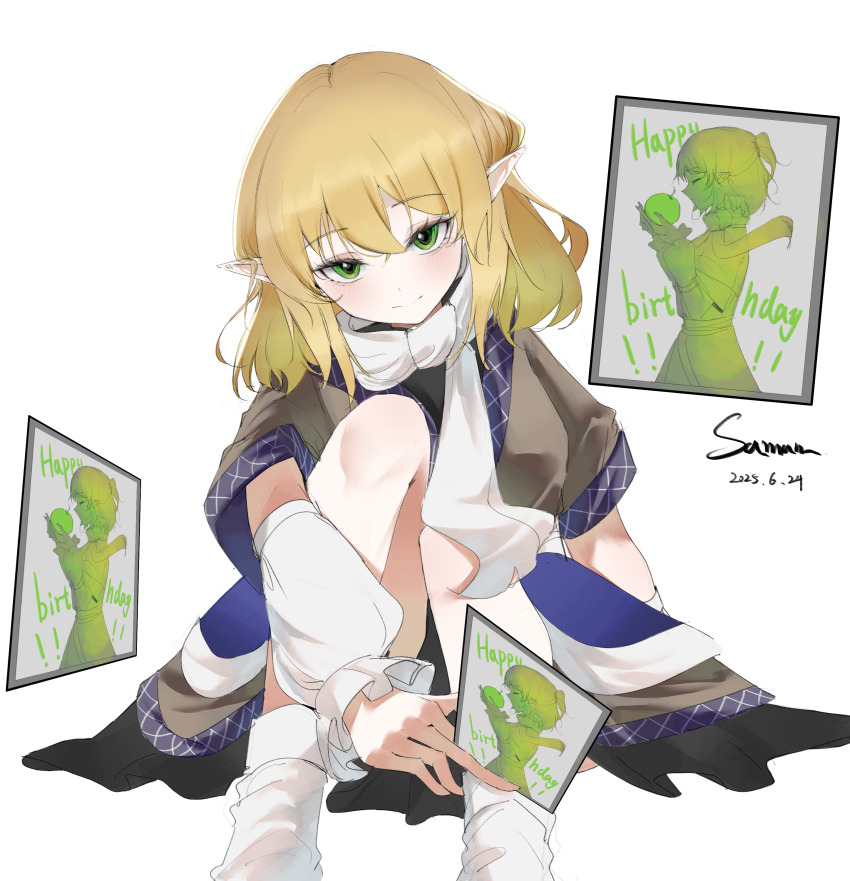1girl absurdres arm_warmers black_shirt black_skirt blonde_hair blush brown_shirt card closed_mouth commentary_request dated feet_out_of_frame full_body green_eyes happy_birthday highres holding holding_card looking_at_viewer medium_hair mizuhashi_parsee pointy_ears saman666 scarf shirt short_sleeves simple_background skirt smile socks solo touhou undershirt white_background white_scarf white_socks