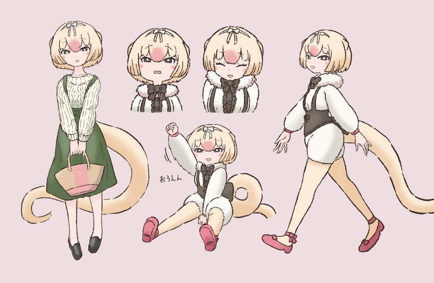 1girl alternate_costume anteater_tail bag black_footwear blonde_hair blush brown_eyes closed_eyes facing_viewer handbag happy highres kemono_friends kotobuki_(tiny_life) looking_at_viewer multicolored_hair multiple_views open_mouth parted_lips pink_background pink_hair pink_shoes shoes short_hair silky_anteater_(kemono_friends) simple_background smile sweater tail two-tone_hair white_sweater