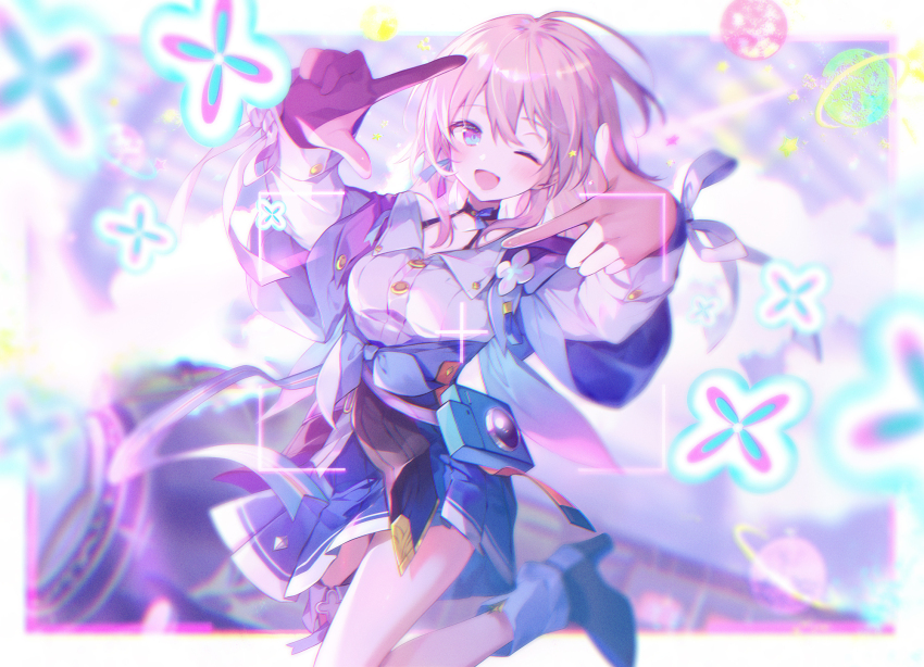 1girl ;d black_boots black_choker black_gloves blue_boots blue_eyes blue_jacket blue_skirt boots breasts brown_hair choker collarbone collared_shirt commentary_request dress_shirt finger_frame front-tie_top gloves hair_between_eyes high_heel_boots high_heels highres honkai:_star_rail honkai_(series) ibara_riato jacket layered_sleeves long_hair long_sleeves looking_at_viewer march_7th_(honkai:_star_rail) march_7th_(preservation)_(honkai:_star_rail) medium_breasts multicolored_boots one_eye_closed open_mouth partially_fingerless_gloves pleated_skirt shirt short_over_long_sleeves short_sleeves single_glove skirt smile solo tied_jacket two-tone_boots white_shirt