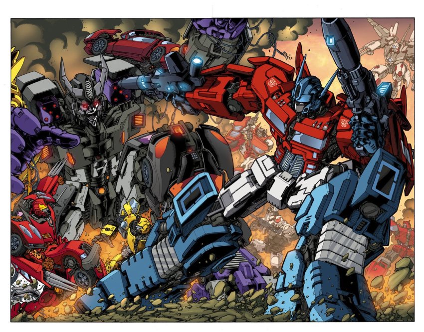 arm_cannon autobot border bumblebee_(transformers) cable clenched_hand cliffjumper commentary decepticon don_allan_figueroa dual_wielding english_commentary fighting fire flying glowing glowing_eyes gun holding holding_gun holding_weapon hot_rod_(transformers) jetfire mecha menasor optimus_prime prowl_(transformers) red_eyes robot rock science_fiction sideswipe smoke transformers v-fin weapon white_border