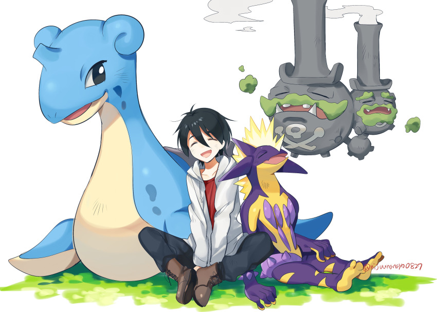 :d ^_^ absurdres black_hair black_pants boots brown_footwear closed_eyes crossover drawstring galarian_form galarian_weezing gen_1_pokemon gen_8_pokemon hair_between_eyes highres hood hood_down hooded_jacket jacket lace-up_boots lapras long_sleeves nijisanji ninahachi nintendo on_grass open_clothes open_jacket open_mouth pants pokemon pokemon_(creature) red_shirt shirt simple_background smile smoke toxtricity twitter_username virtual_youtuber white_background white_jacket yumeoi_kakeru yumeoi_kakeru_(1st_costume)
