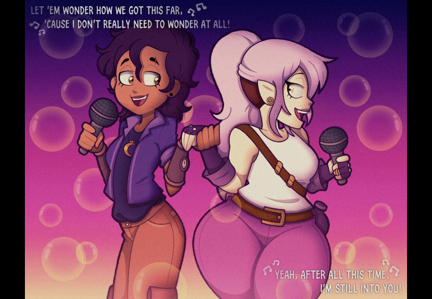 2girls amity_blight belt brown_belt brown_hair colored_skin dark-skinned_female dark_skin english_text eyebrow_cut eyelashes highres holding holding_hands holding_microphone interracial karaoke luz_noceda microphone multiple_girls music open_mouth pointy_ears purple_hair singing the_owl_house thick_thighs thighs tonyneely white_skin wide_hips