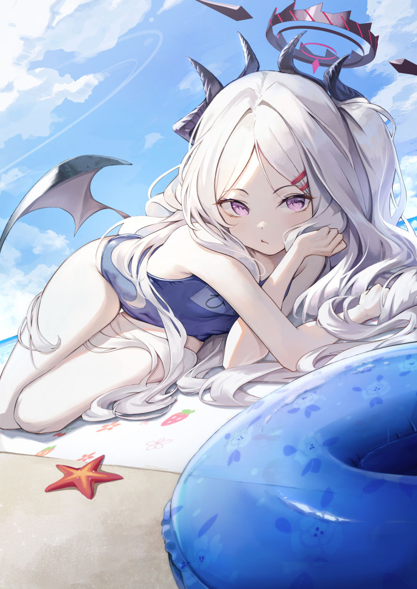 1girl :t absurdres beach beach_mat black_halo black_wings blue_archive blue_innertube blue_one-piece_swimsuit blue_sky blush closed_mouth cloud cloudy_sky commentary dampi demon_girl demon_horns demon_wings grey_hair hair_intakes hair_ornament hair_spread_out halo highres hina_(blue_archive) hina_(swimsuit)_(blue_archive) horns long_hair looking_at_viewer low_wings lying official_alternate_costume on_side one-piece_swimsuit outdoors sky solo starfish swimsuit thighhighs very_long_hair white_thighhighs wings